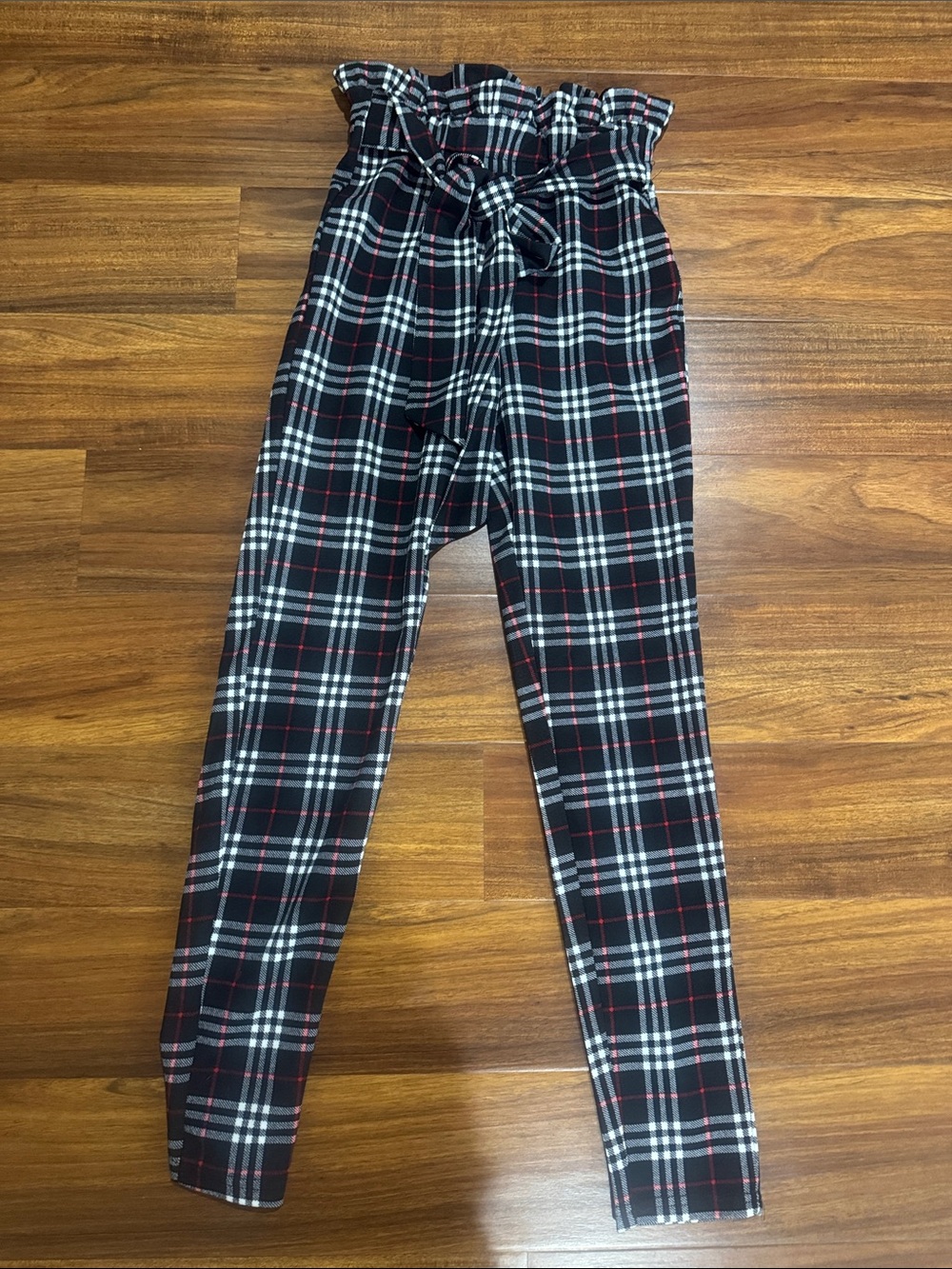 Plaid Paperbag Waist Pants - Black/White/Red